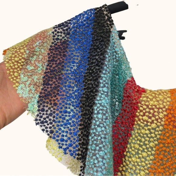 Alice + Olivia | Annabeth Sequin Embroidered Mesh Rainbow Striped Ruffle Dress - Picture 12 of 16